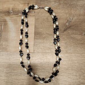 Vintage Art Deco Faux Pearl Heart Necklace Black White Multi Strand Shabby Chic